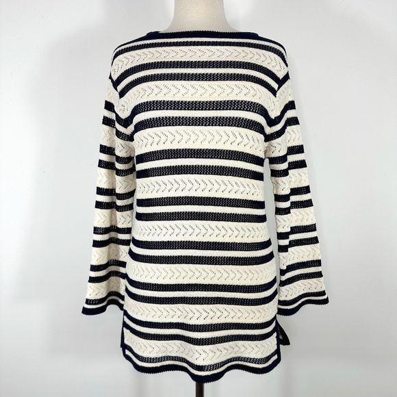 VTG St John Open Knit Sweater Top White Blue Crochet Women's Sz P - Picture 1 of 16